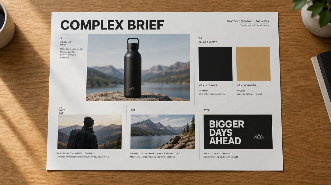 Printed campaign brief board with hex callouts, product hero, and CAST SET TYPE frames