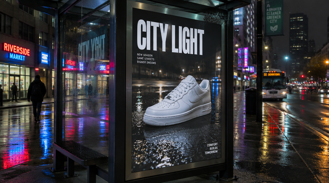 Night bus-shelter ad with a sneaker poster and CITY LIGHT headline type