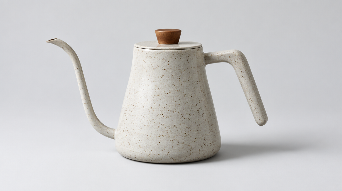 High-key studio still of a speckled ceramic pour-over kettle on a pale cyclorama