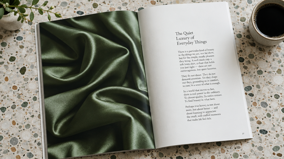 Magazine spread on terrazzo with a silk still and a facing type column