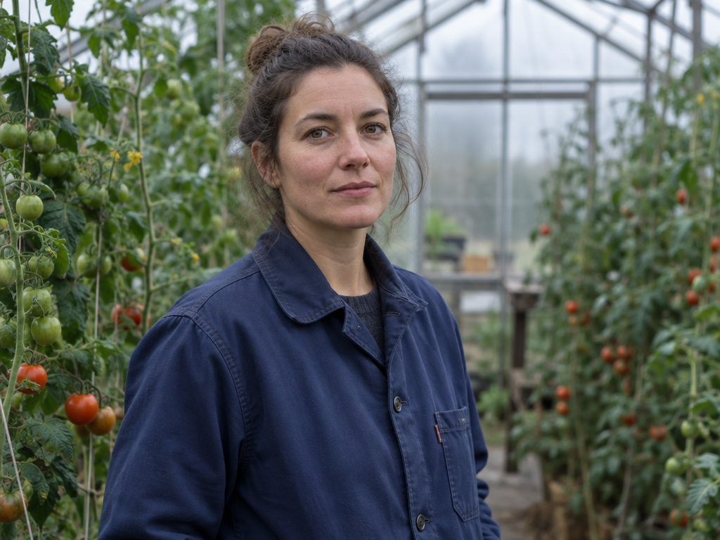 Documentary portrait of a woman in a navy chore coat inside a greenhouse
