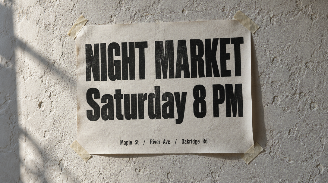 Letterpress concert poster reading NIGHT MARKET and Saturday 8 PM on a plaster wall