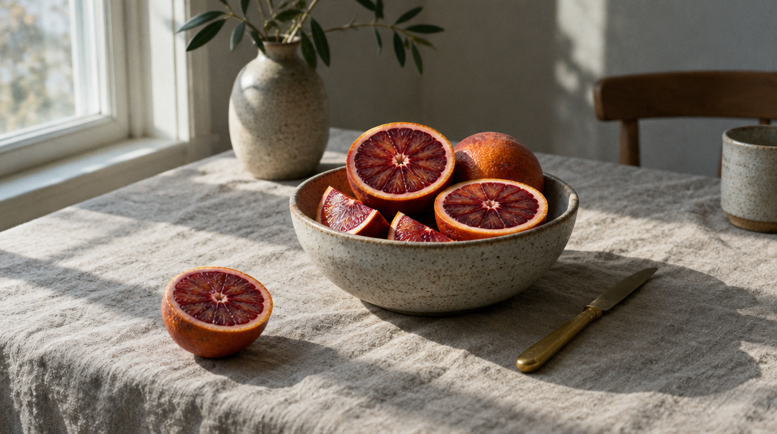 Stoneware bowl of sliced blood oranges on oatmeal linen, morning window light