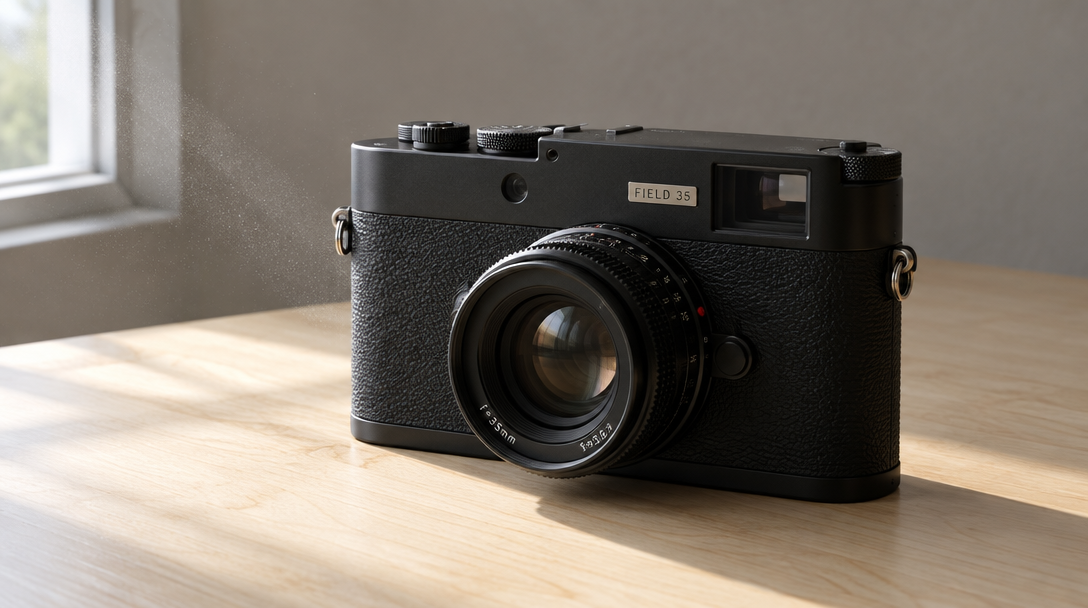 Matte black rangefinder camera on maple, engraved plate reading FIELD 35