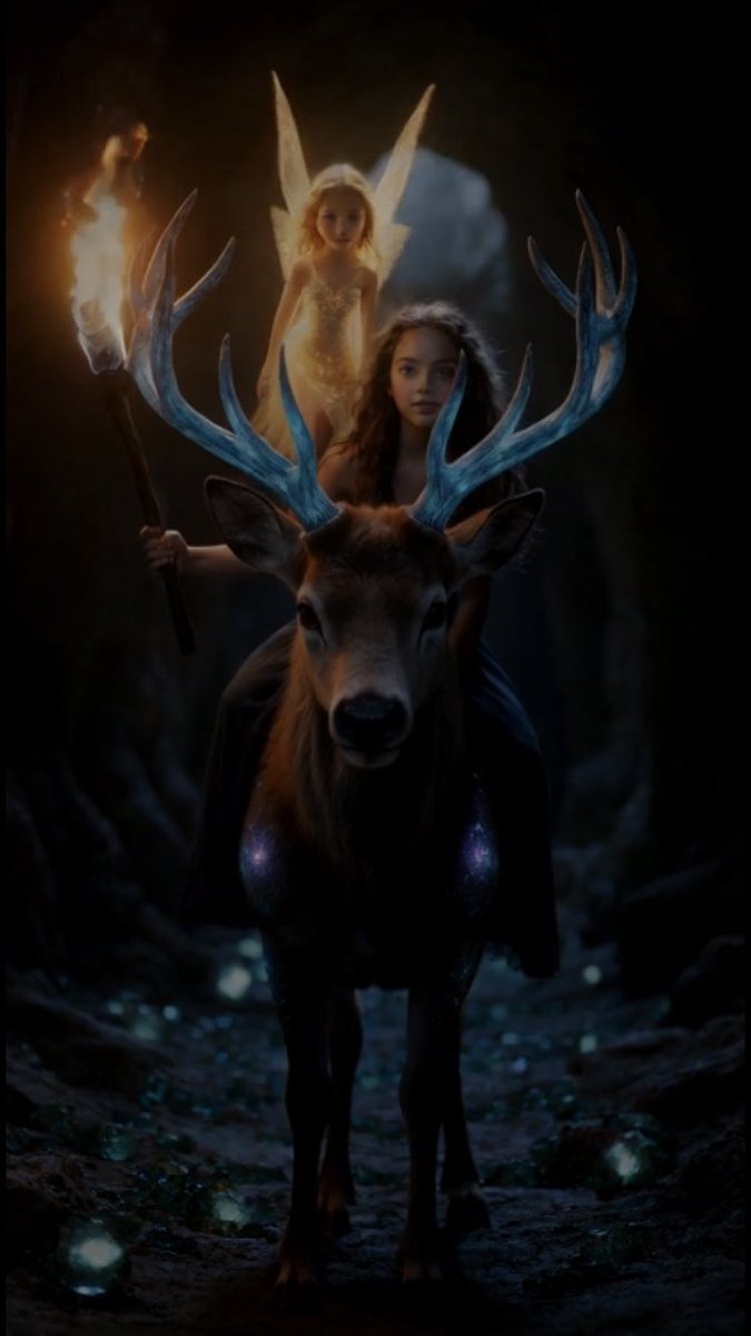 Grok Imagine Video Prompt: Girl, Deer, and Fairy Exiting a Cave reference image 1