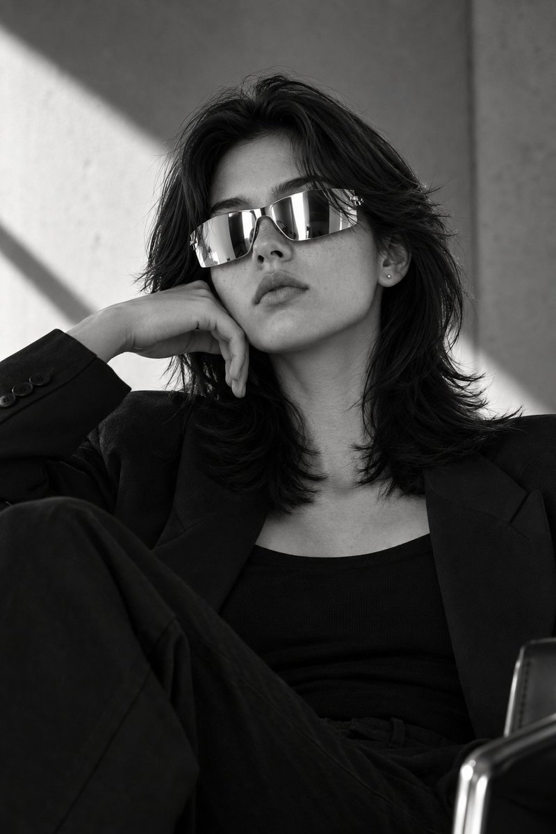 Futuristic Mirrored Sunglasses Monochrome Portrait reference image 1