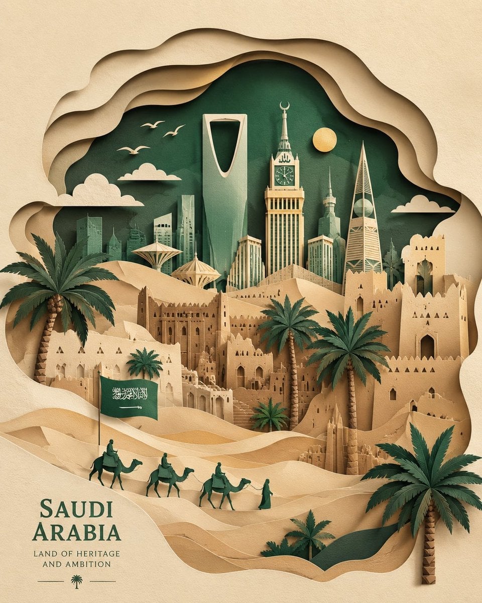 Saudi Arabia Paper Cut Travel Poster
