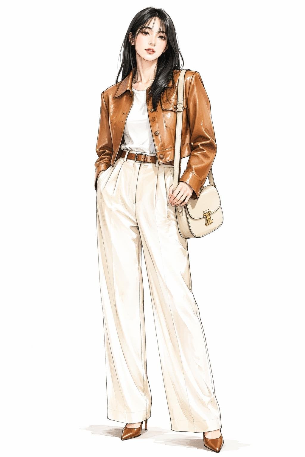 Leather Jacket Cream Trousers Fashion Sketch
