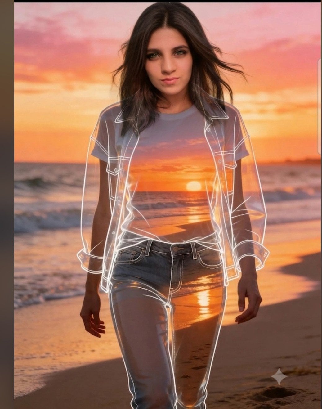 Beach Sunset Double Exposure Wireframe Portrait