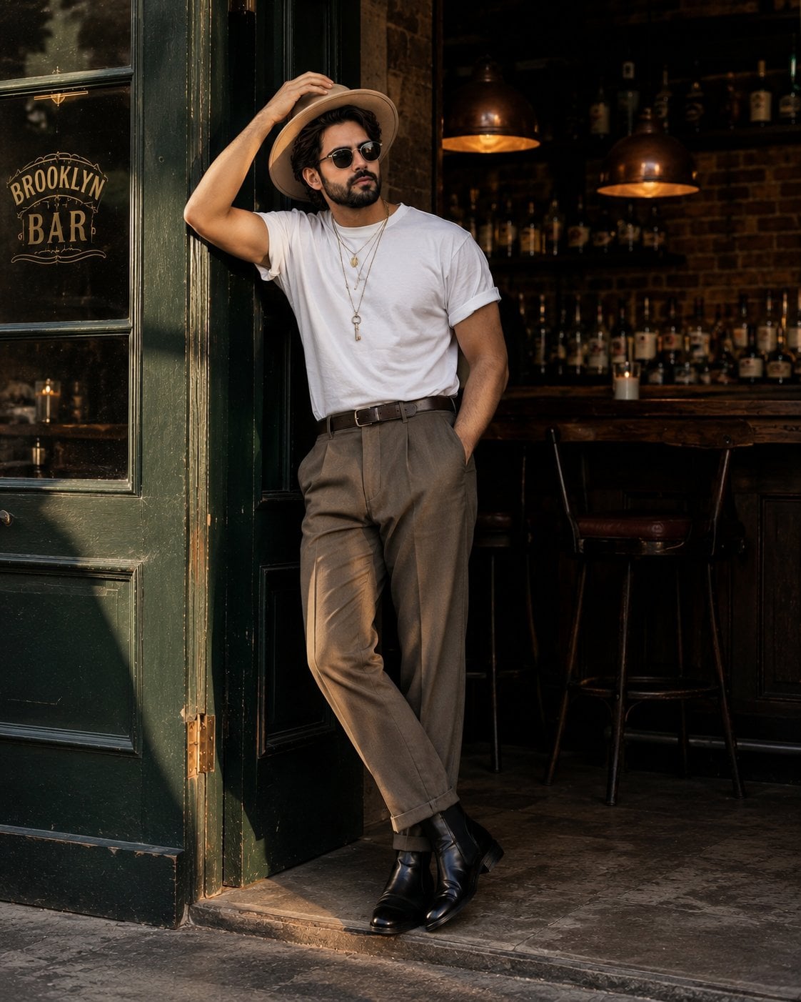 Golden Hour Fedora Bar Doorway Street Style