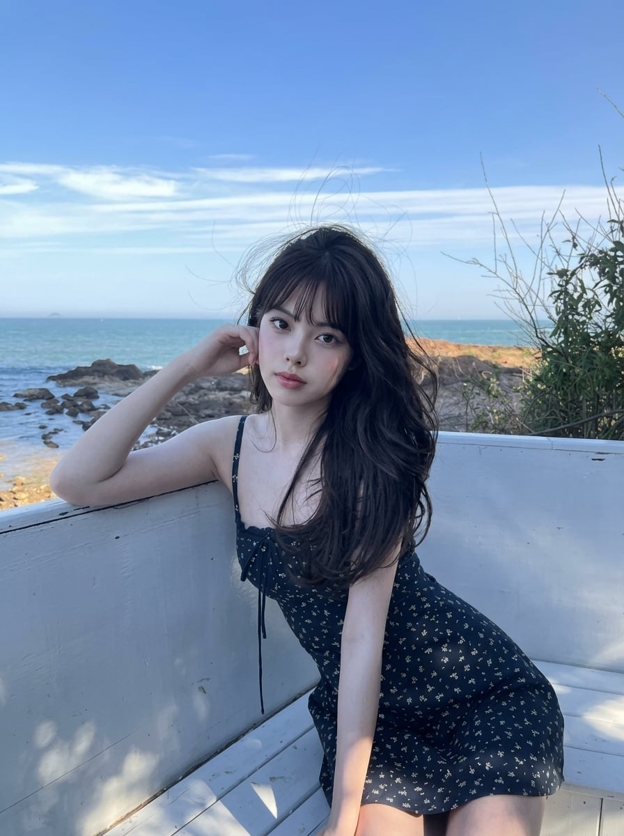 Coastal Bench Portrait — Navy Floral Sundress