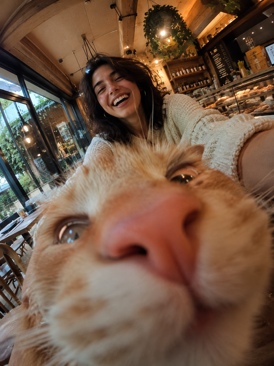 Cat Photobomb Selfie — 0.5x Wide Angle Café Chaos