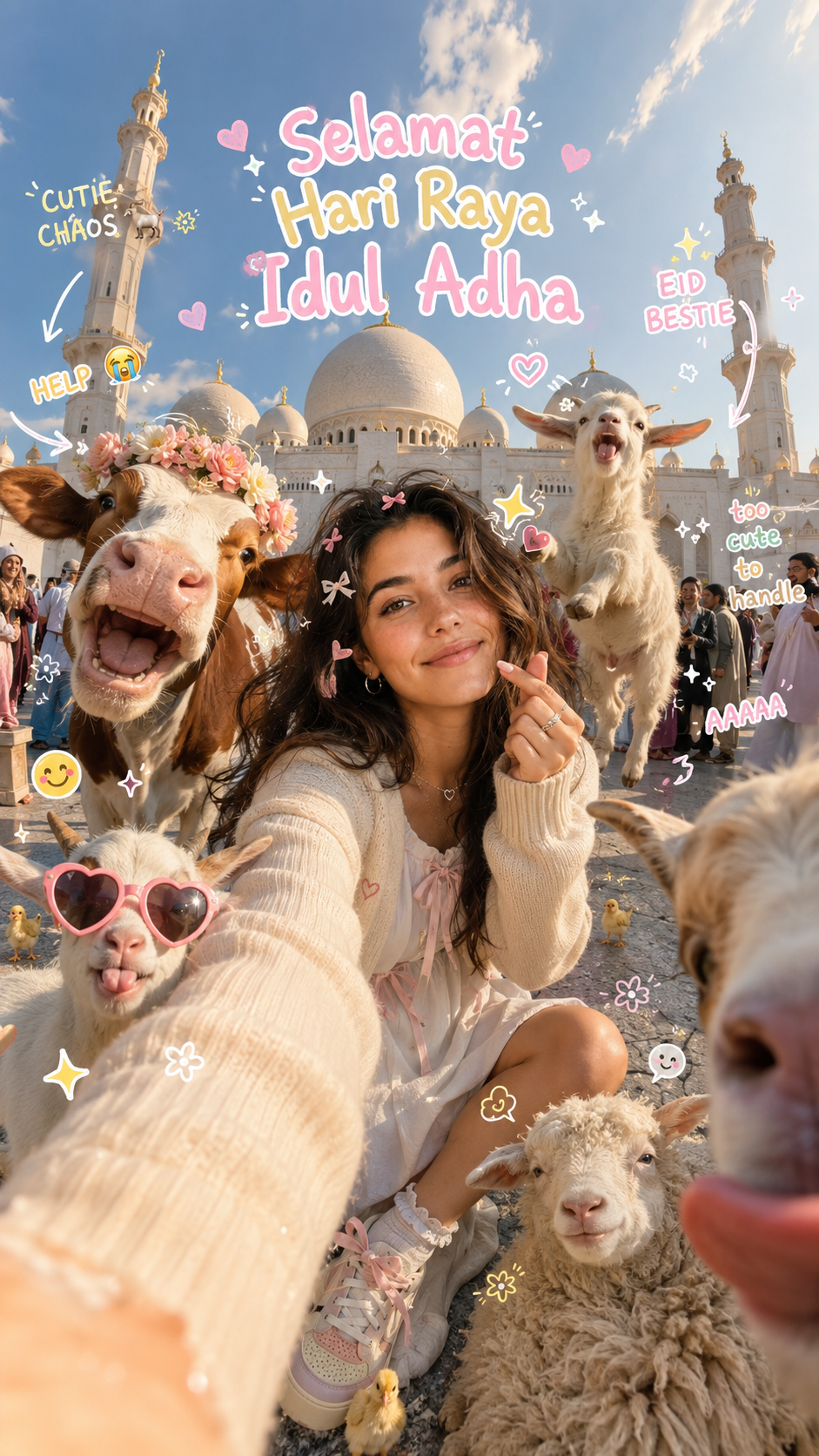 Eid al-Adha Cute Chaos — Fisheye Selfie with Farm Selfie, Mosque & Animals