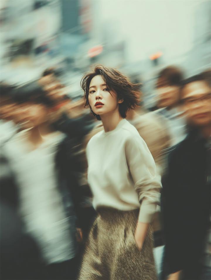 Cinematic Street Fashion Portrait Motion Blur Crowd