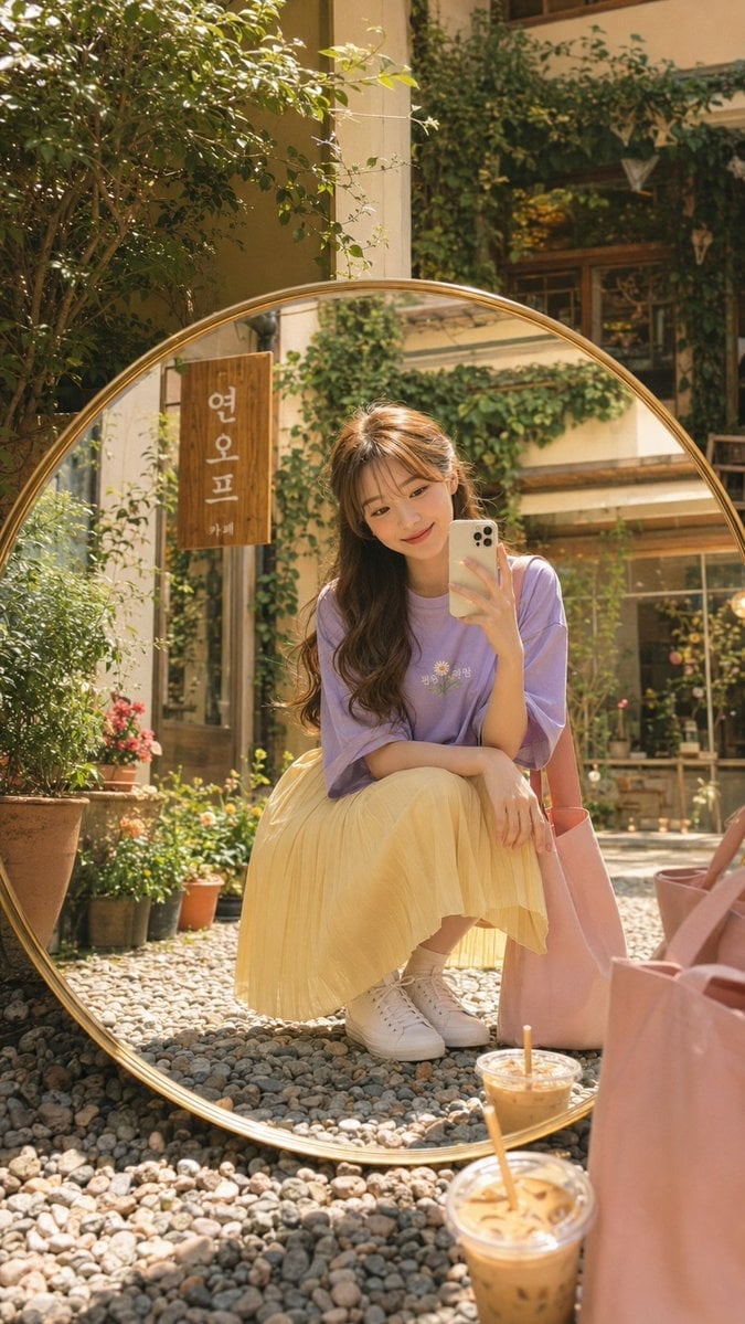 Korean Cafe Courtyard Gold Frame Mirror Selfie