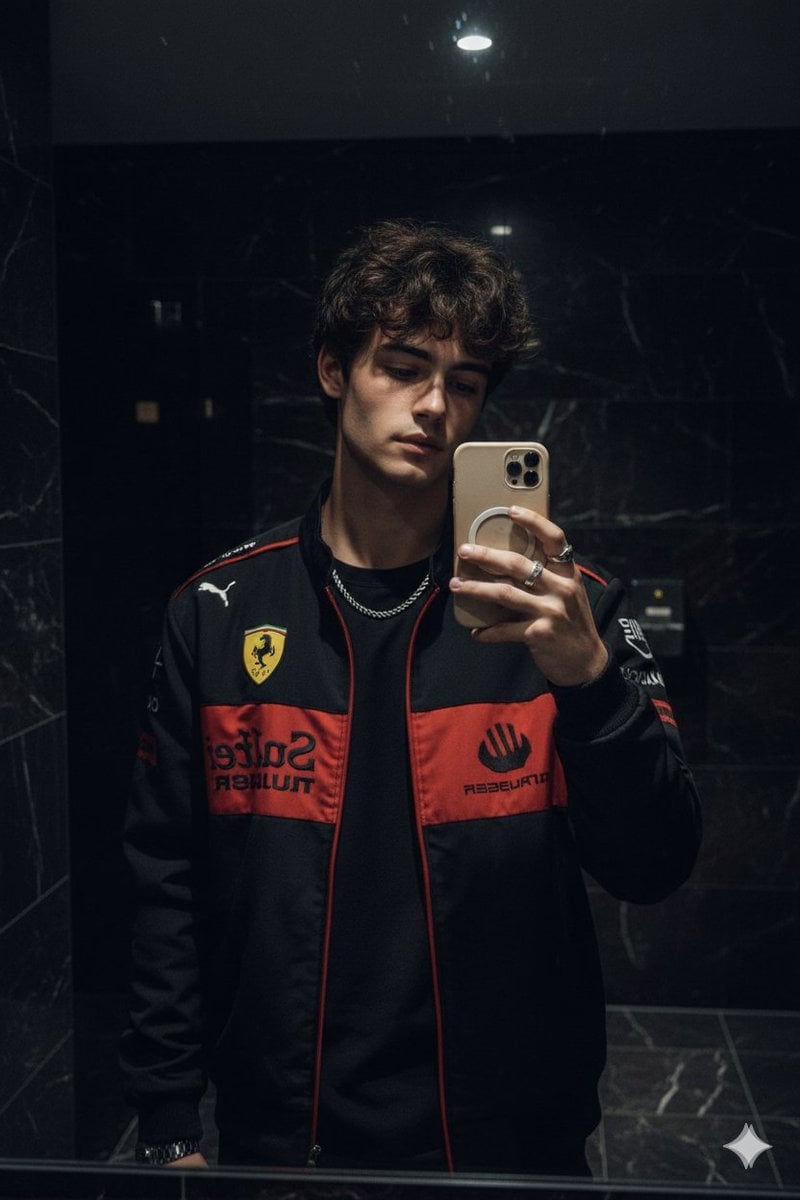 Dark Marble Bathroom Racing Jacket Mirror Selfie