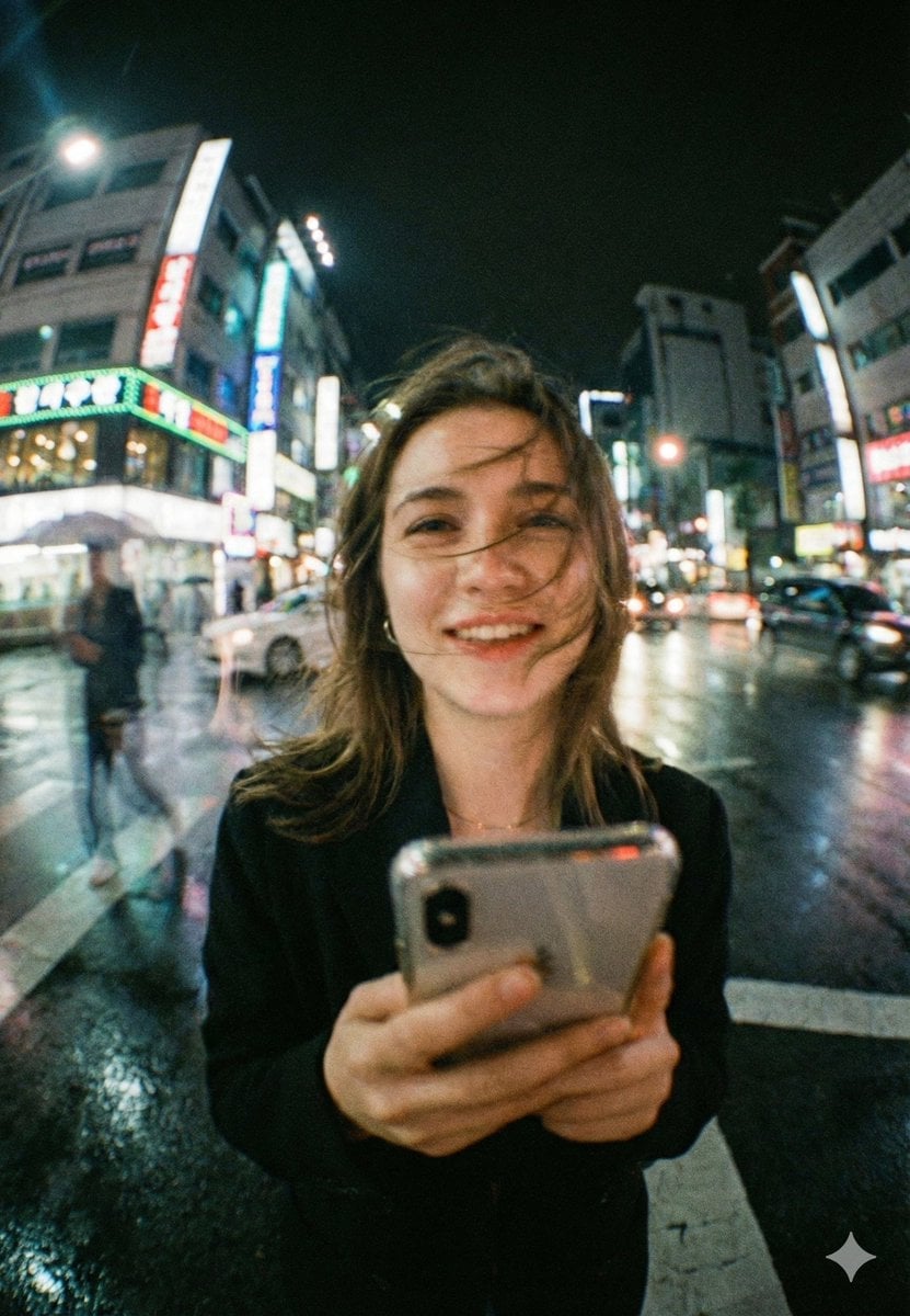 Neon Night Crosswalk Candid Portrait
