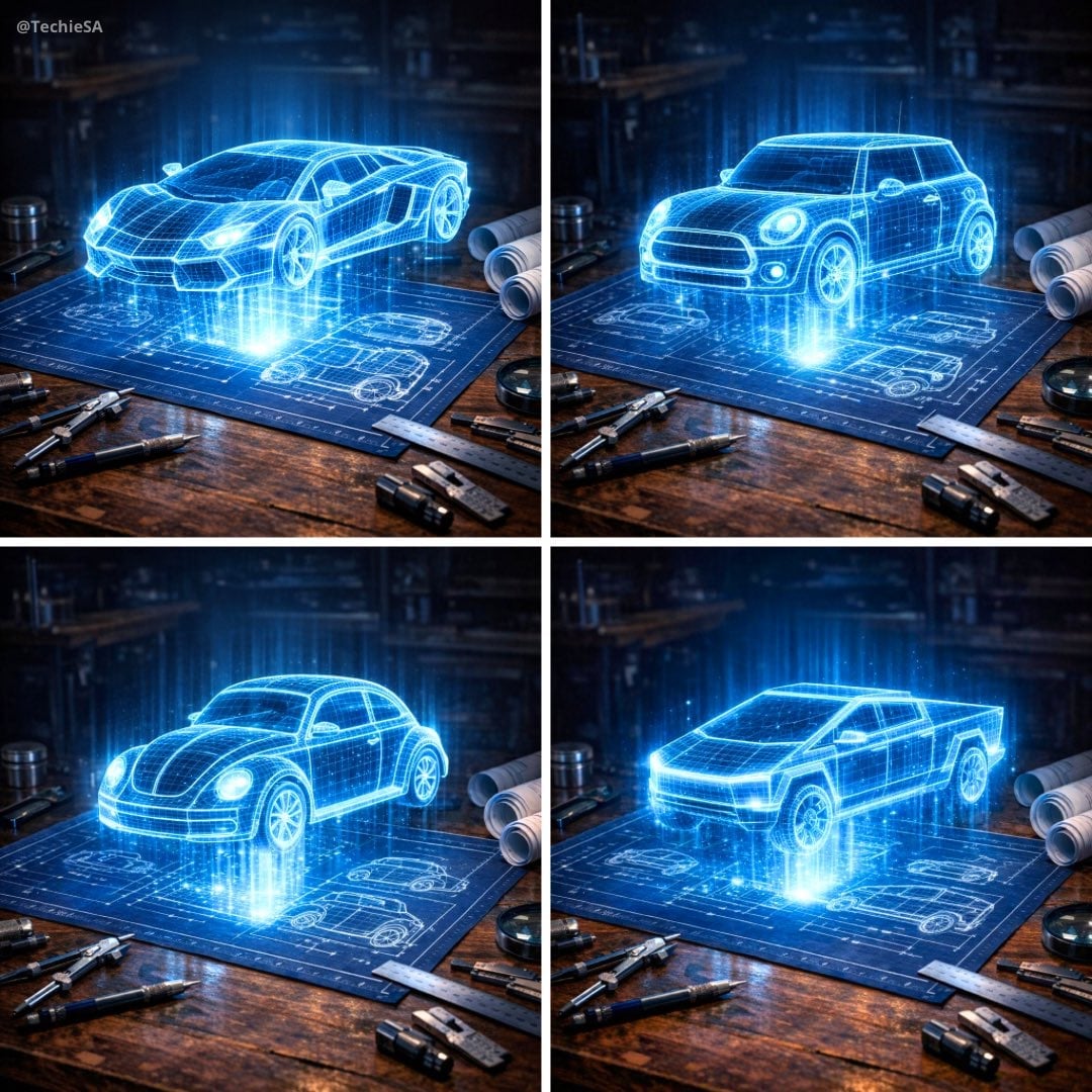 Holographic Car Blueprint Wireframe