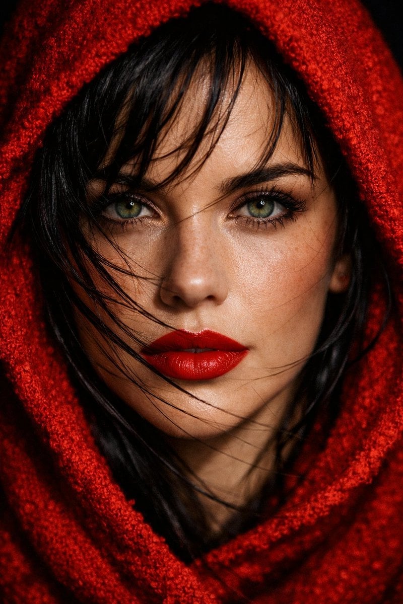 Red Hood Fashion Portrait Green Eyes