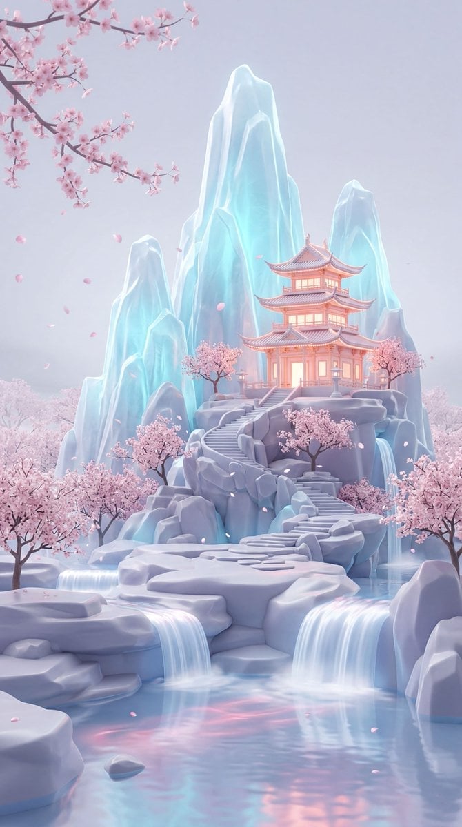 Pastel Fantasy Pagoda Mountain Landscape