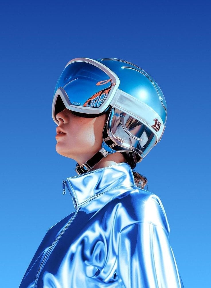 Futuristic Chrome Helmet Fashion Portrait