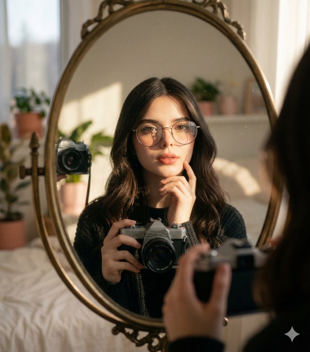 Oval Mirror Vintage Camera Self Portrait