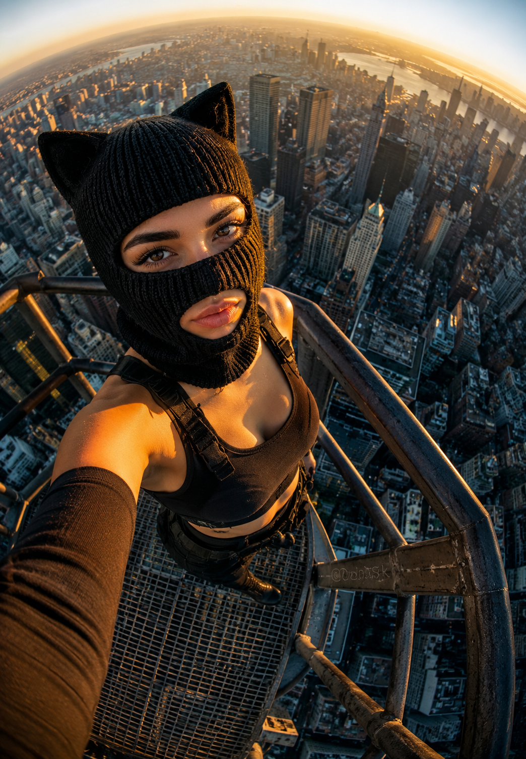 Rooftop Fisheye — Cat-Ear Balaclava at Golden Hour