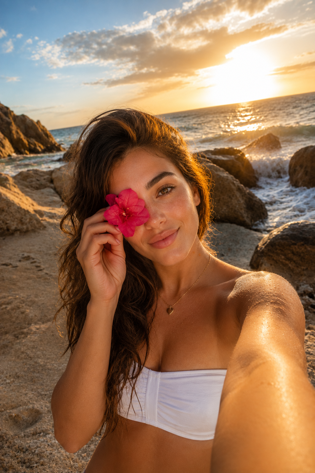 Seaside Golden Hour Selfie — Fuchsia Blossom & Freckles