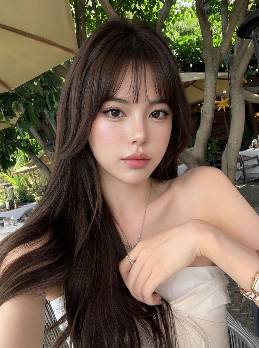 Outdoor Cafe Portrait — White Ruched Top Nano Banana