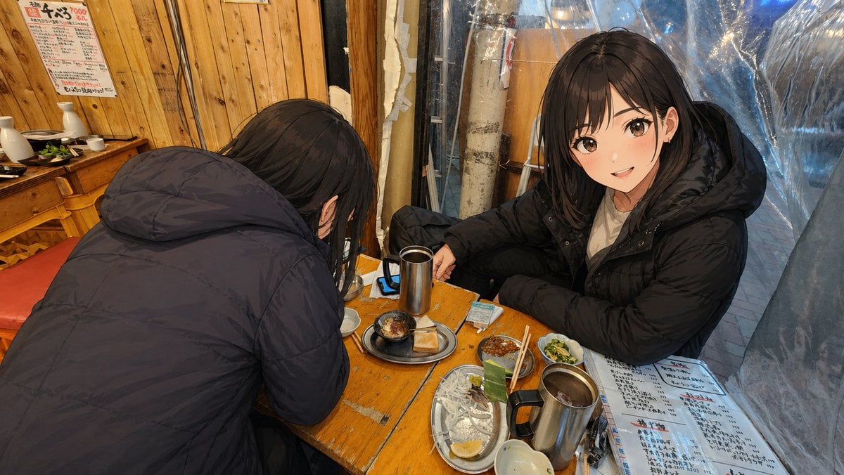 Gpt2 Social Media Post Anime Characters in Real Izakaya Photo