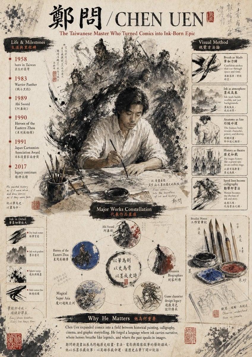 Gpt2 Infographic Edu Visual Ink Wash Tribute Poster for Chen Uen