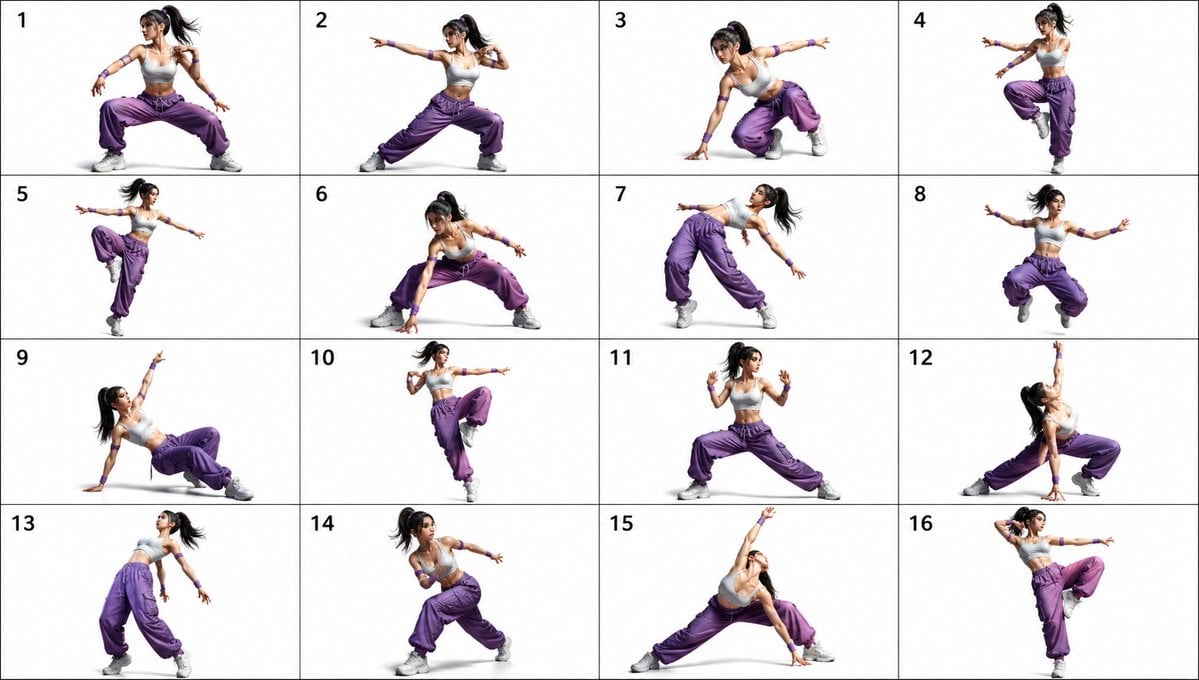 Gpt2 Comic Storyboard 16 Pose Dance Combat Reference Sheet