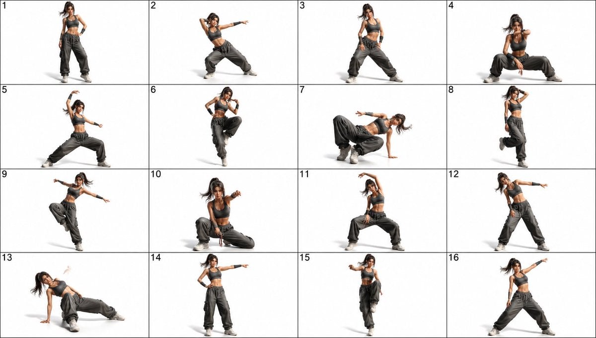Gpt2 Comic Storyboard 16 Panel Female Dance Pose Sheet