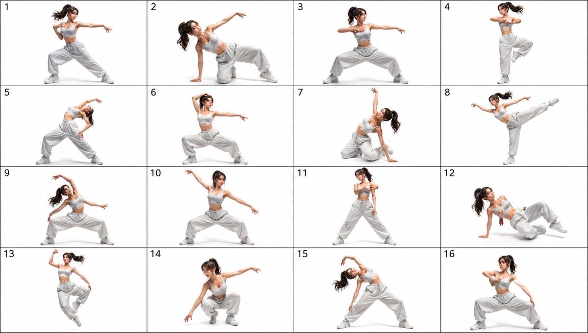 Gpt2 Comic Storyboard 16 Pose Dance Reference Sheet