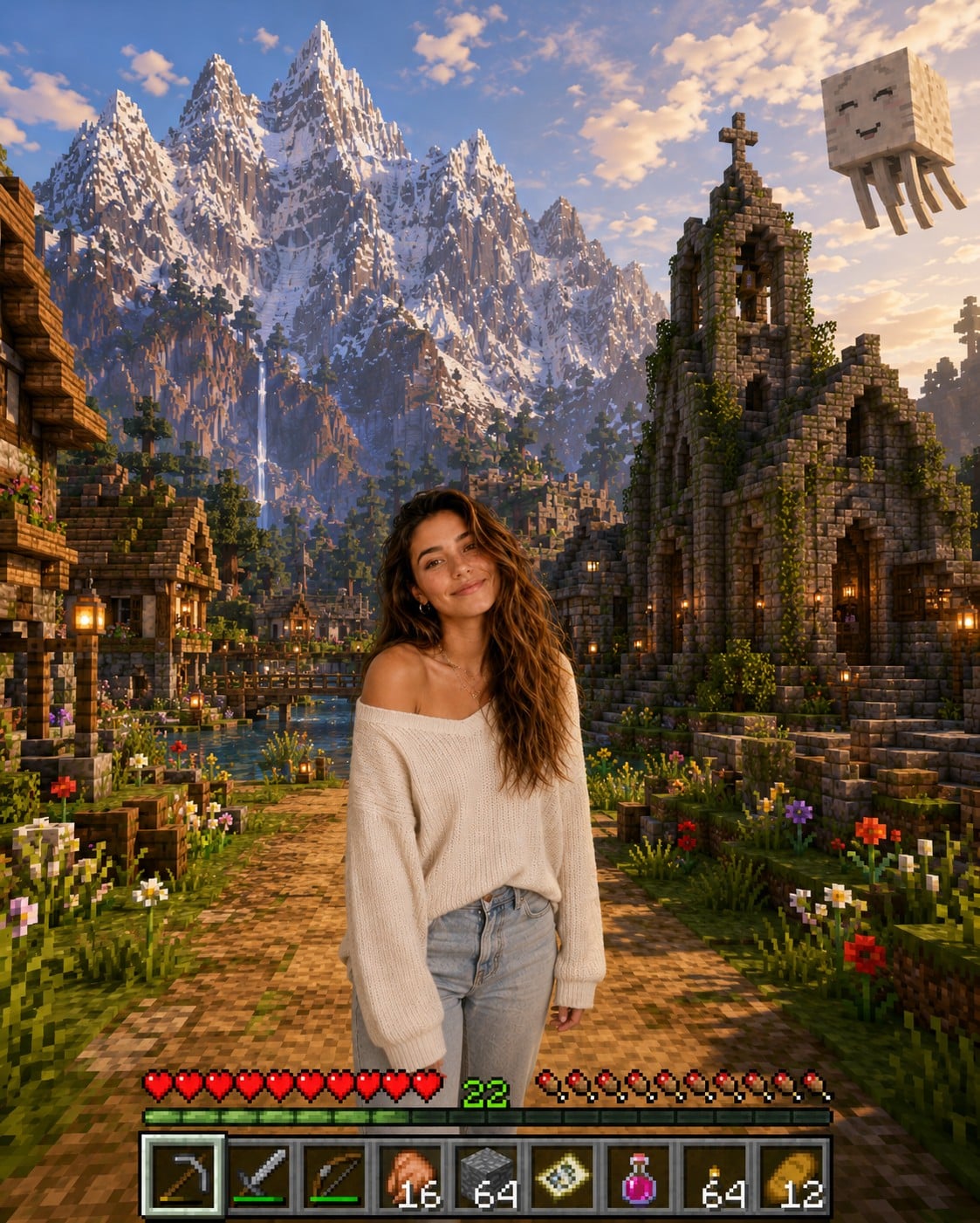 Photoreal Selfie Minecraft Village Ghast UI