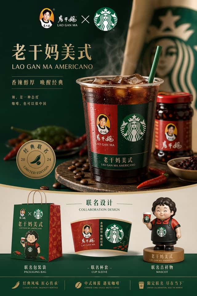 生成完整高端的品牌运营图，产品是老干妈和星巴克的联名款 老干妈美式，中间是主图，下面放一些联名的设计，包装袋、杯套以及吉 preview