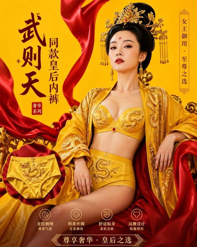 武则天同款皇后内衣广告大片,明黄底色龙纹刺绣,大红丝绸飘带衬托 preview