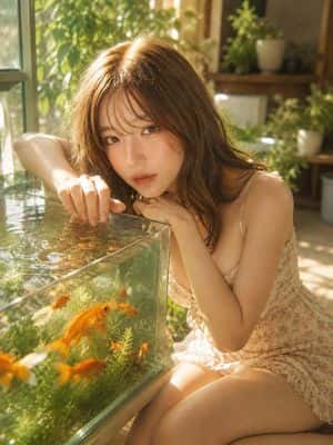 Woman by a Goldfish Tank in a Sunlit Room preview