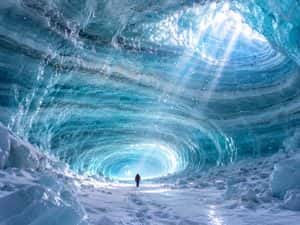 Explorer in a Vast Blue Ice Cave preview