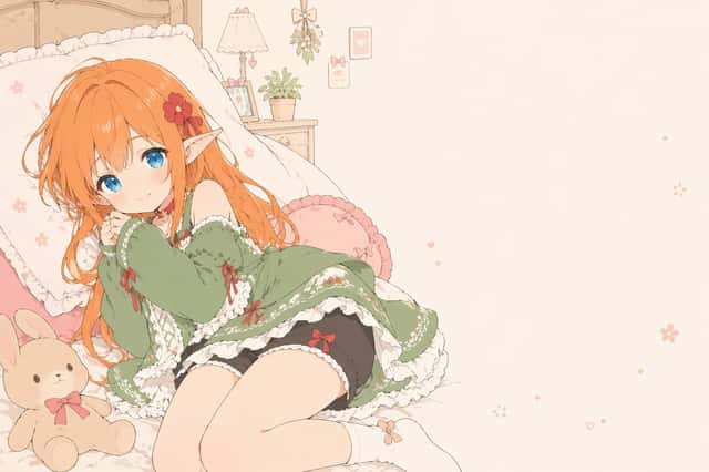 Flat-Color Elf Girl on Frilly Bed preview