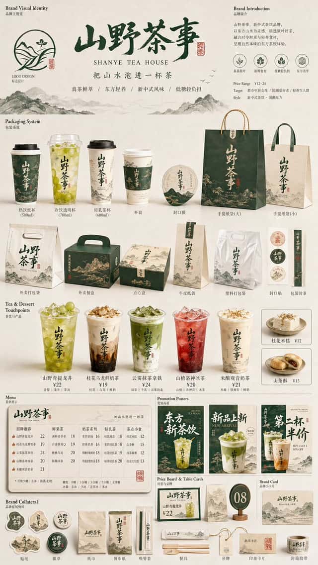 生成一张 系列视觉图，用于展示一个完整的餐饮品牌视觉系统与包装应用方案 preview