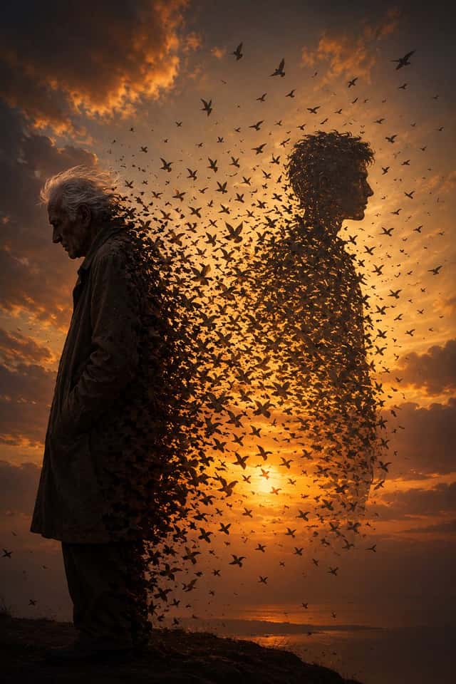 Elderly Man Dissolving Into Birds preview
