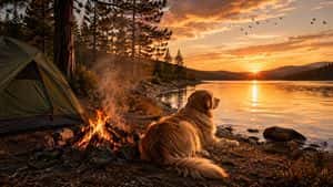 Golden Retriever Sunset Campfire Photography preview