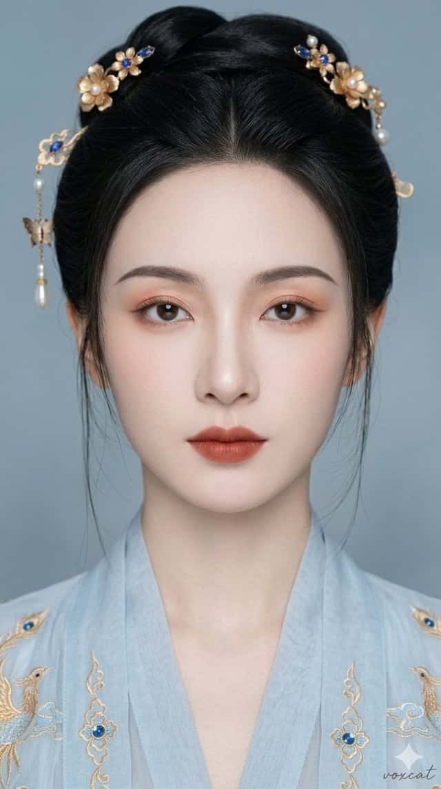 东方古风清雅女性正面肖像,超近景贴脸特写,人物正面面对镜头,头部端正,视线直视镜头,脸部几乎充满画面,构图集中,双眼位于 preview