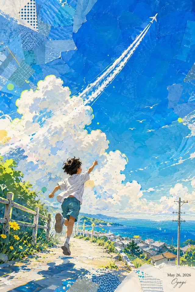 Boy Chasing Airplane Contrail preview