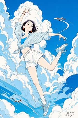 Anime Girl Floating in Summer Clouds preview