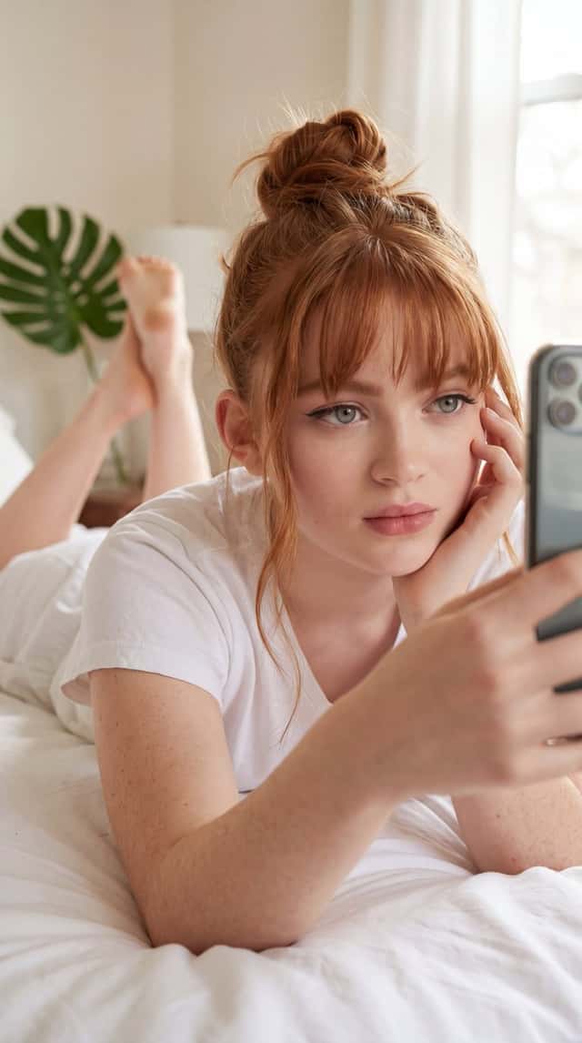 Realistic Blonde Woman Bedroom Portrait preview