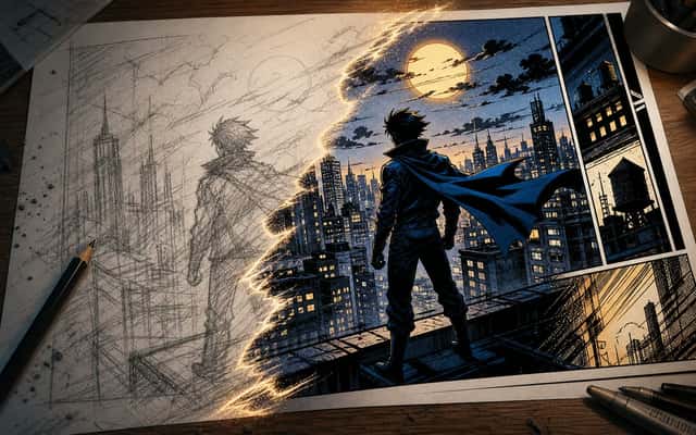 Comic Sketch to Finished Hero Page preview