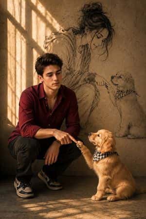 Man and Puppy With Wall Sketch preview
