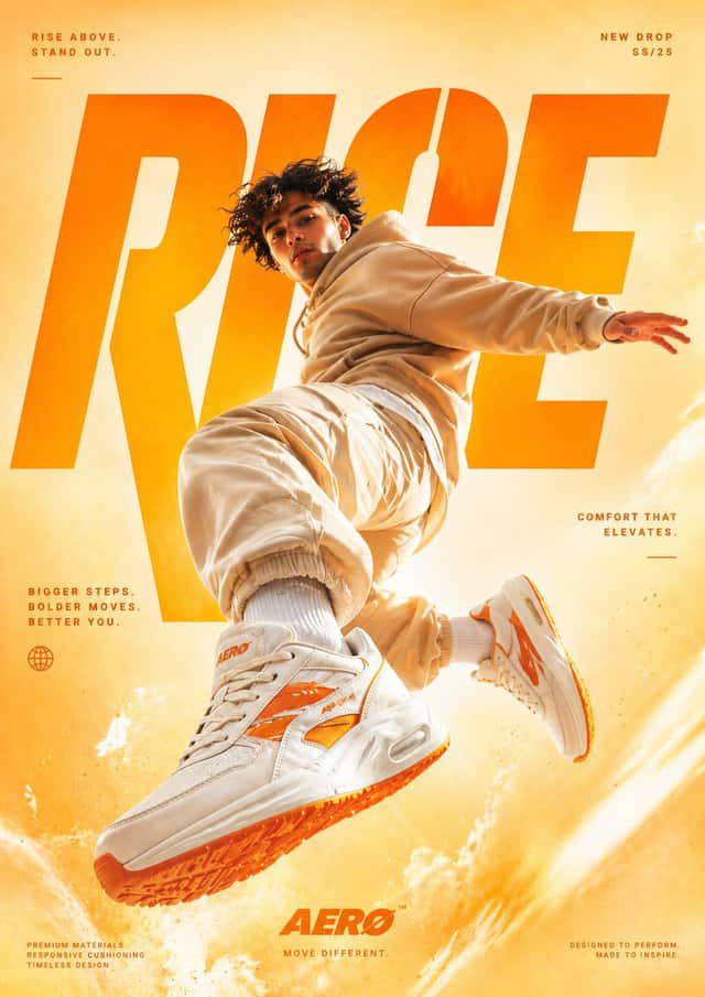 A cinematic, high-end sneaker advertisement poster featuring a young preview